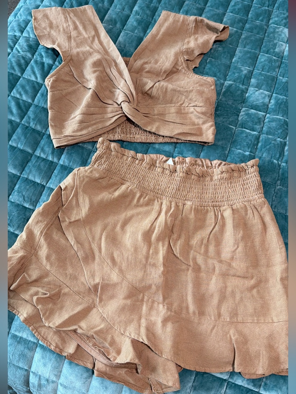 Neutral Tan Two-Piece Crop Top & Skirt Set